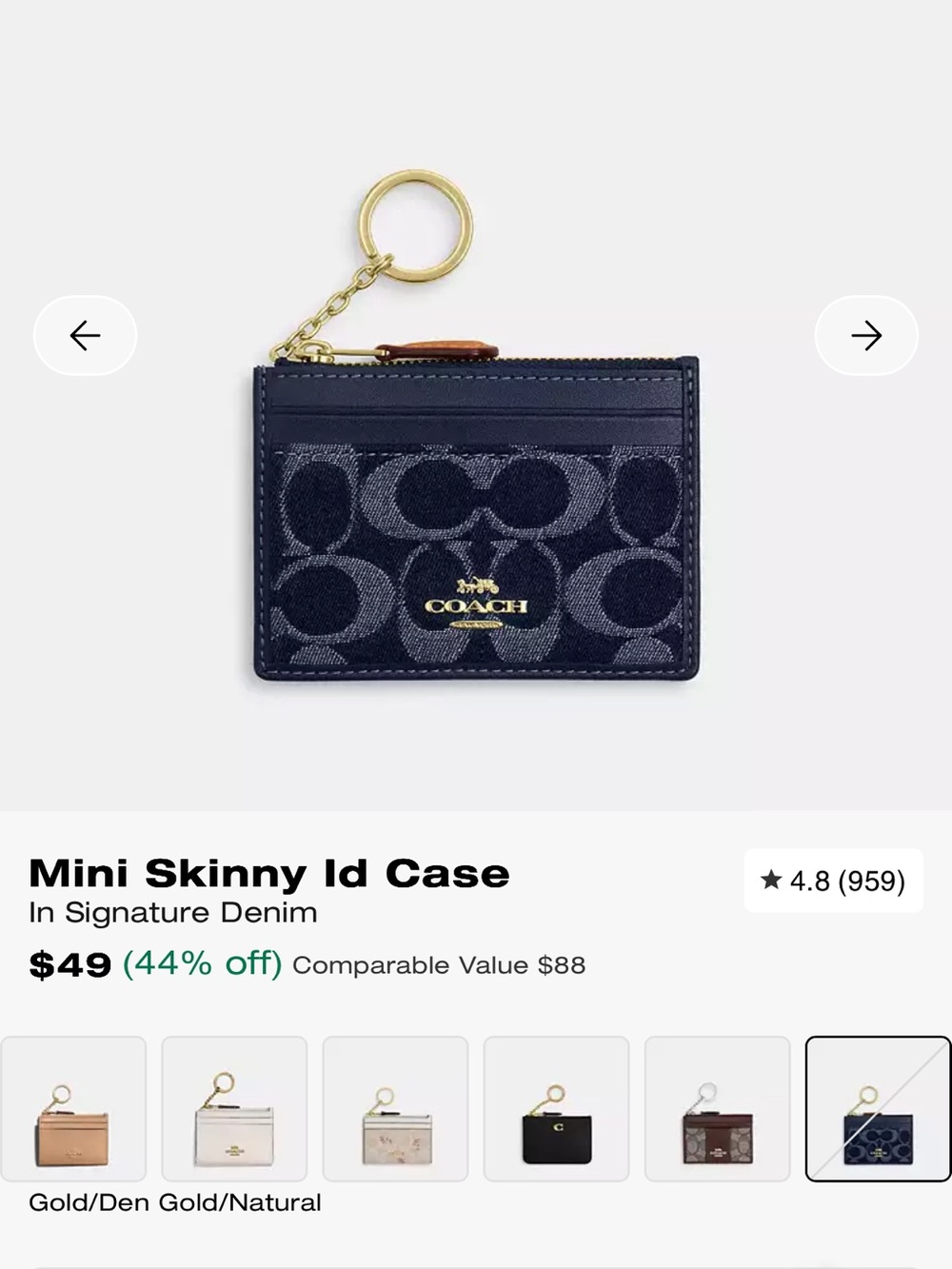 Coach Navy Denim Mini Skinny ID Case with Gold Zipper